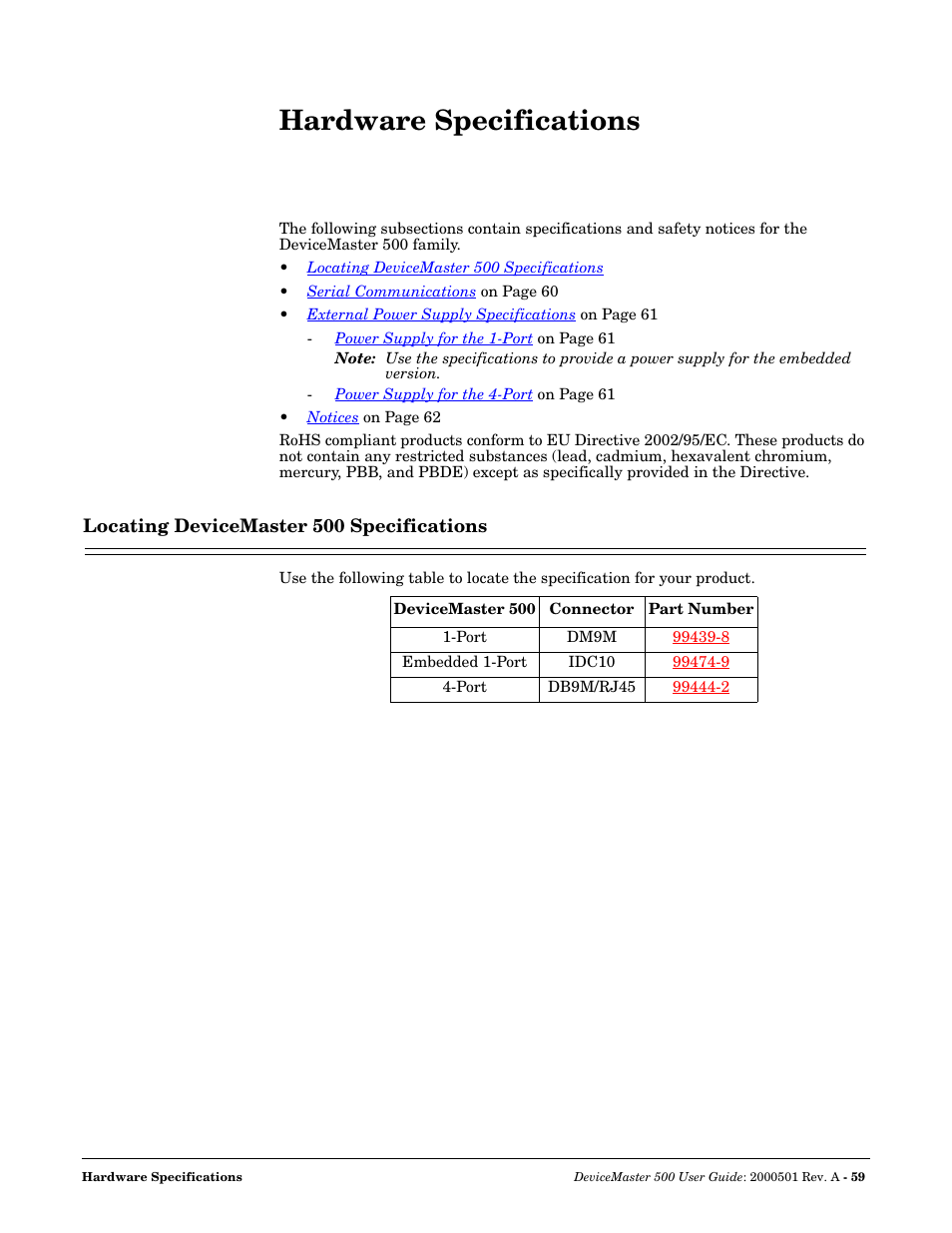 Hardware specifications, Locating devicemaster 500 specifications | Comtrol 500 DeviceMaster User Manual | Page 59 / 72