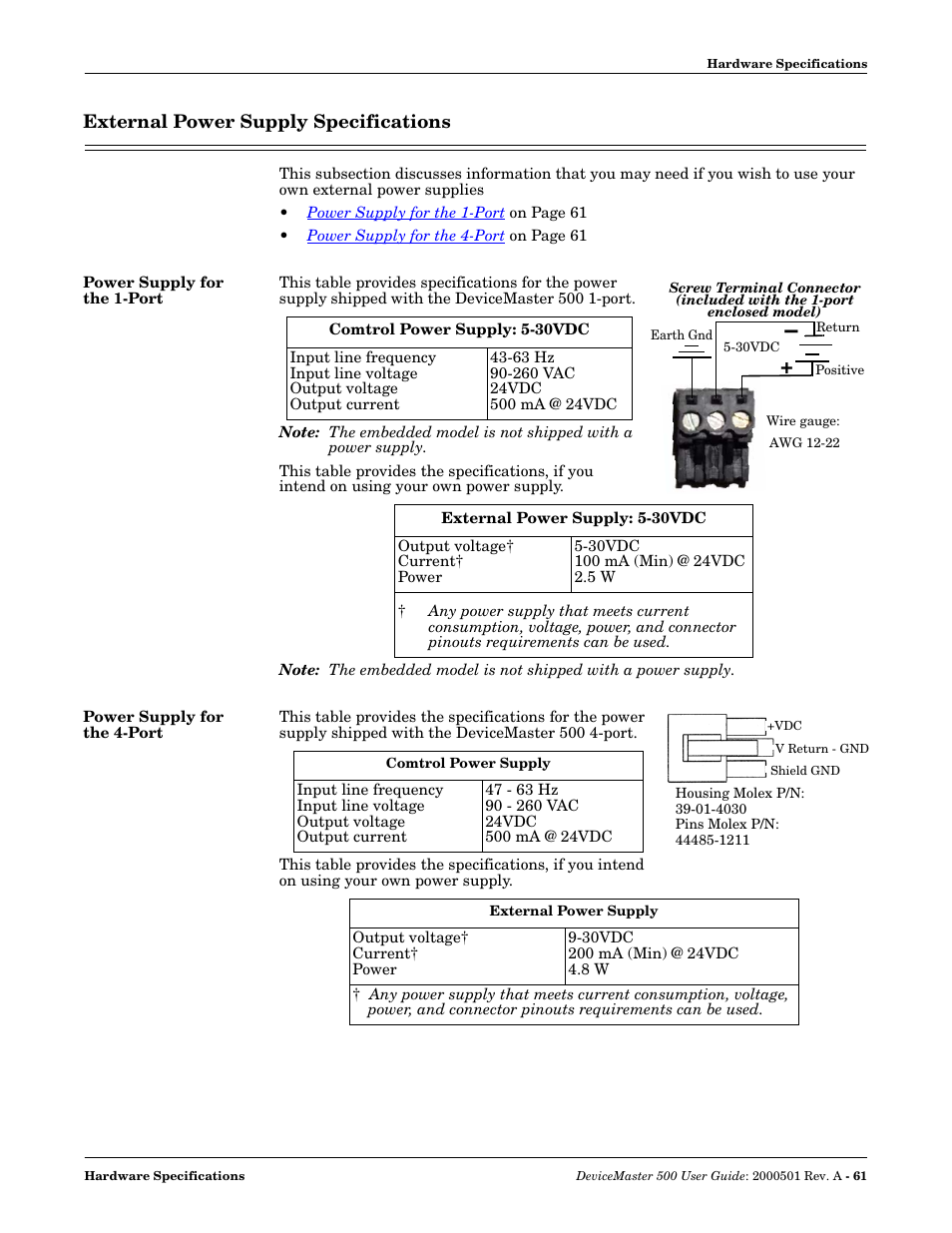 External power supply specifications, Power supply for the 1-port, Power supply for the 4-port | Power supply for, The 1-port | Comtrol 500 DeviceMaster User Manual | Page 61 / 72