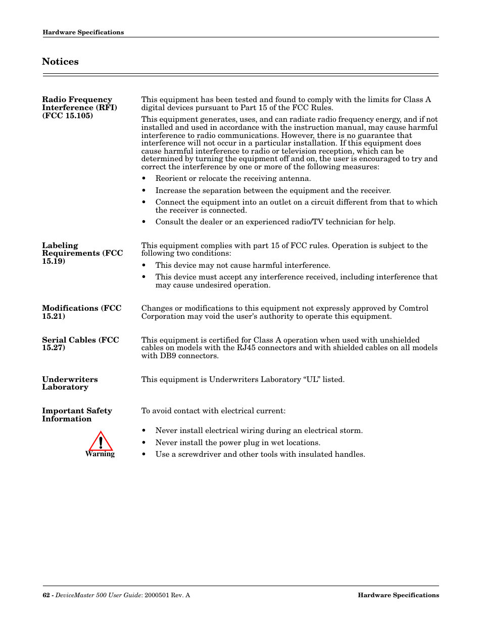 Notices, Radio frequency interference (rfi) (fcc 15.105), Labeling requirements (fcc 15.19) | Modifications (fcc 15.21), Serial cables (fcc 15.27), Underwriters laboratory, Important safety information | Comtrol 500 DeviceMaster User Manual | Page 62 / 72