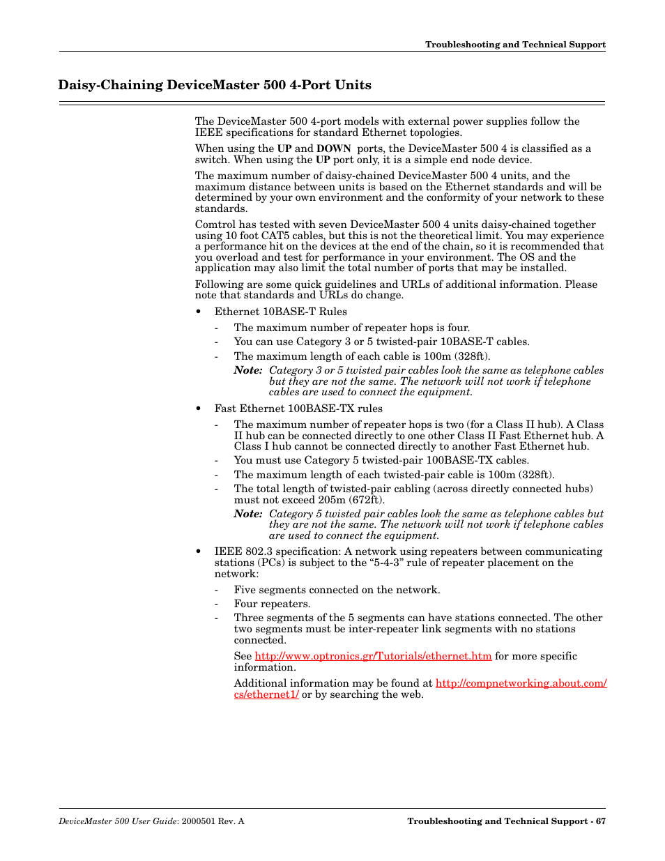 Daisy-chaining devicemaster 500 4-port units | Comtrol 500 DeviceMaster User Manual | Page 67 / 72