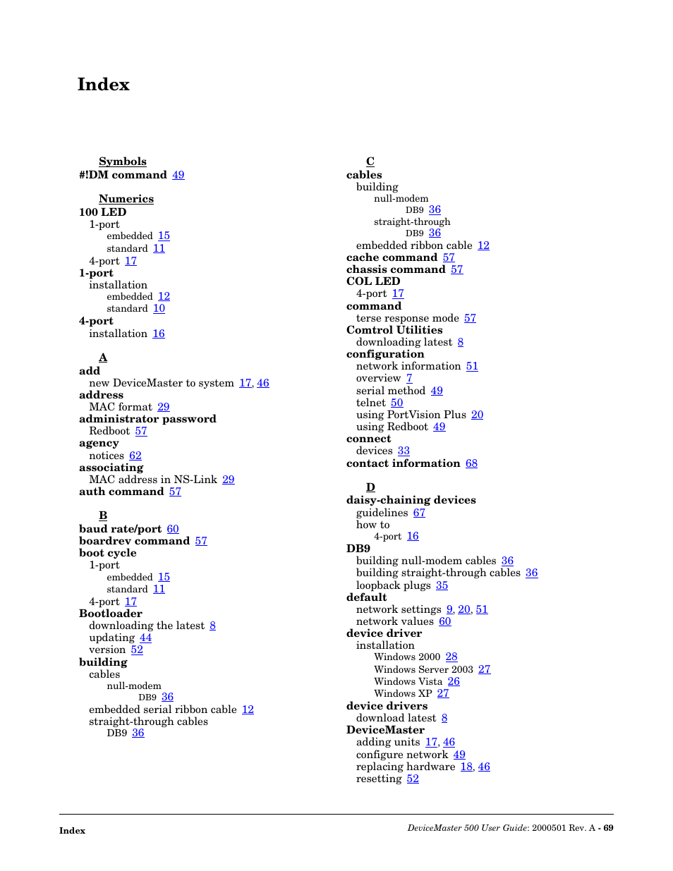 Index | Comtrol 500 DeviceMaster User Manual | Page 69 / 72