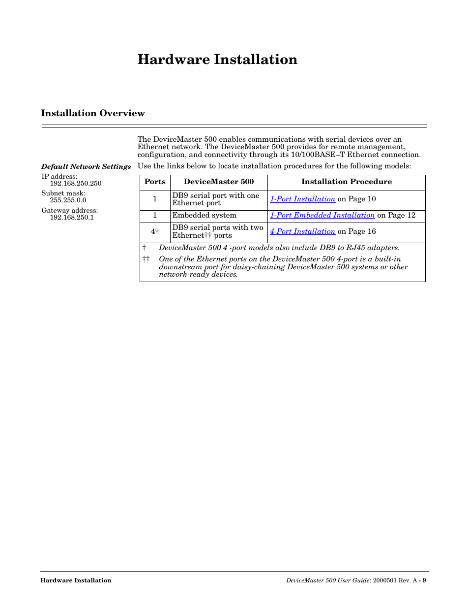 Hardware installation, Installation overview, Refer to | Comtrol 500 DeviceMaster User Manual | Page 9 / 72