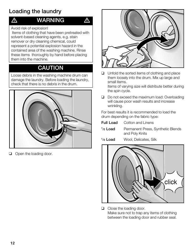 Loading the laundry, Warning, Caution | Bosch WFL 2090 User Manual | Page 12 / 36