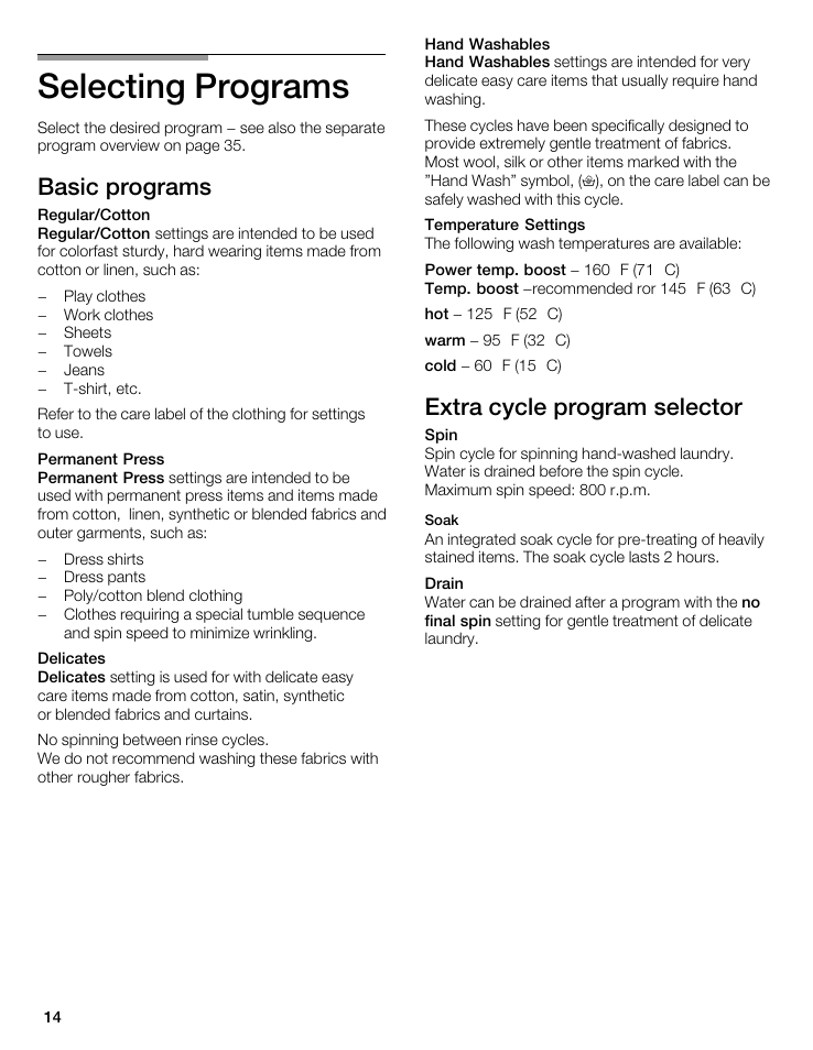 Selecting programs, Basic programs, Extra cycle program selector | Bosch WFL 2090 User Manual | Page 14 / 36