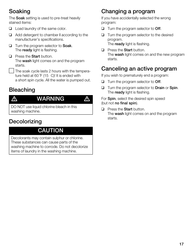 Soaking, Bleaching, Warning | Decolorizing caution, Changing a program, Canceling an active program | Bosch WFL 2090 User Manual | Page 17 / 36