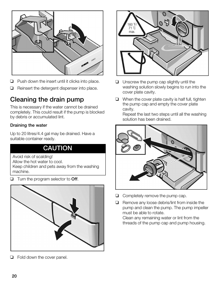 Cleaning the drain pump, Caution | Bosch WFL 2090 User Manual | Page 20 / 36