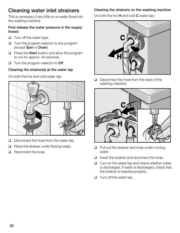 Cleaning water inlet strainers | Bosch WFL 2090 User Manual | Page 22 / 36