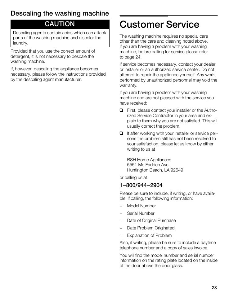 Customer service, Descaling the washing machine caution | Bosch WFL 2090 User Manual | Page 23 / 36