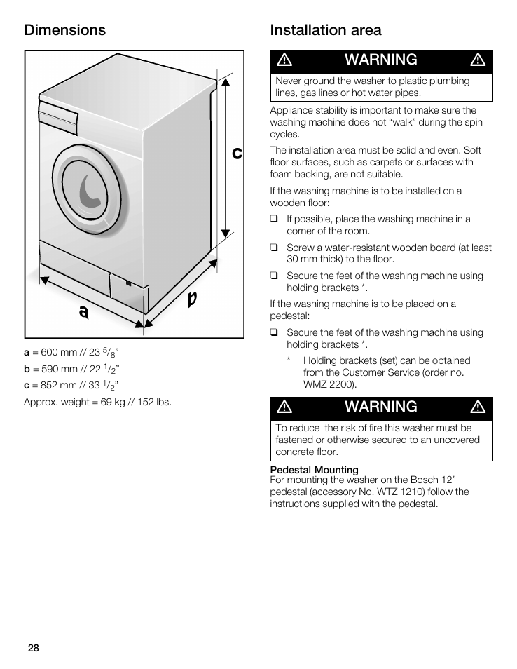 Dimensions, Installation area, Warning | Bosch WFL 2090 User Manual | Page 28 / 36