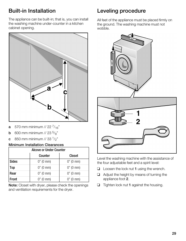 Builtćin installation, Leveling procedure | Bosch WFL 2090 User Manual | Page 29 / 36