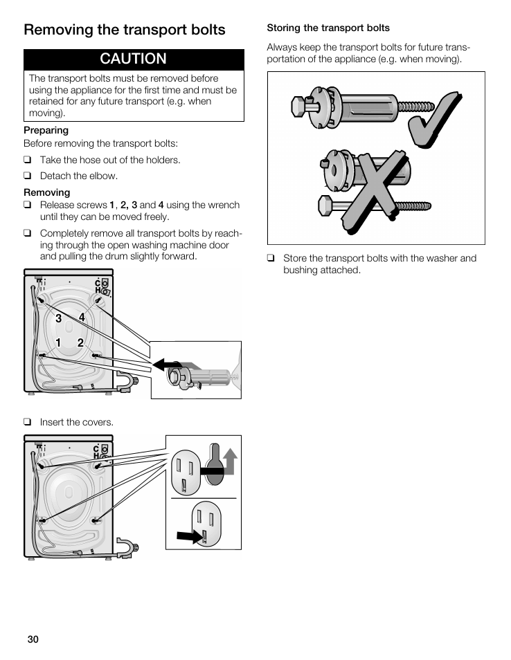 Removing the transport bolts caution | Bosch WFL 2090 User Manual | Page 30 / 36