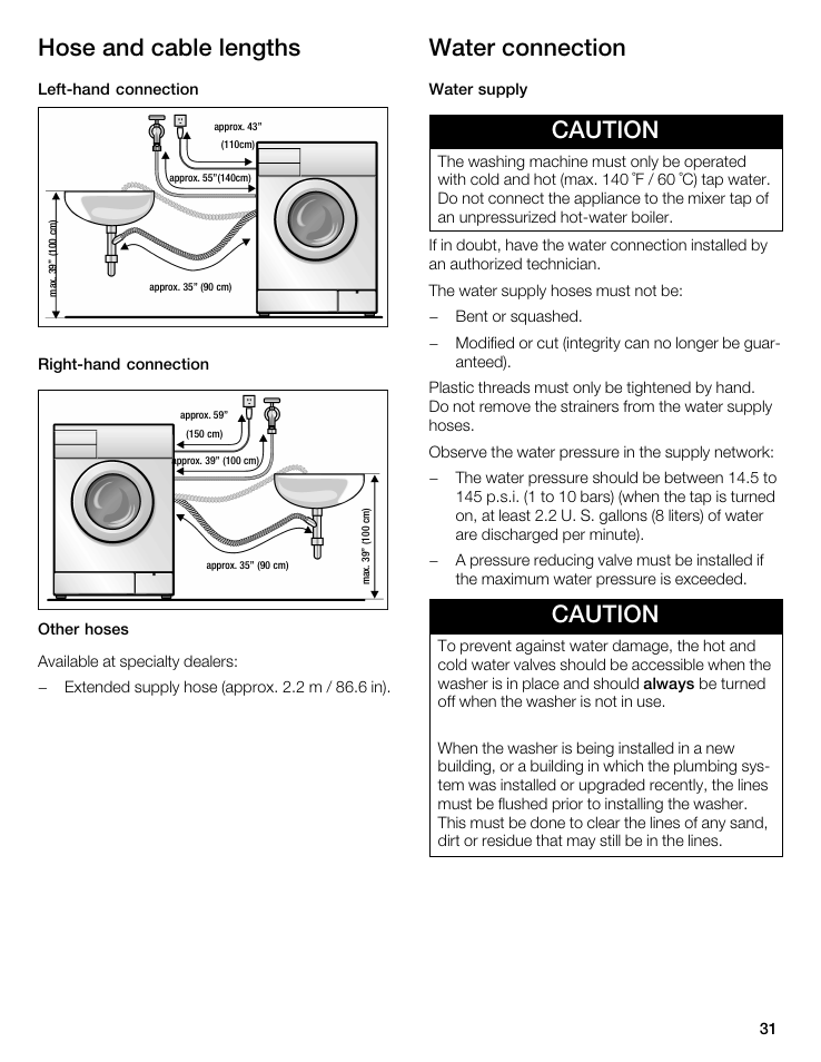 Hose and cable lengths, Water connection, Caution | Bosch WFL 2090 User Manual | Page 31 / 36