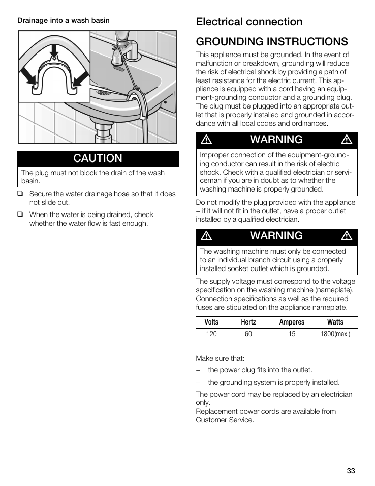 Caution, Electrical connection grounding instructions, Warning | Bosch WFL 2090 User Manual | Page 33 / 36