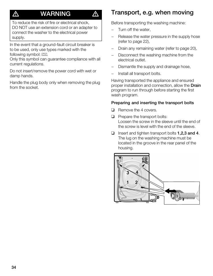 Warning, Transport, e.g. when moving | Bosch WFL 2090 User Manual | Page 34 / 36