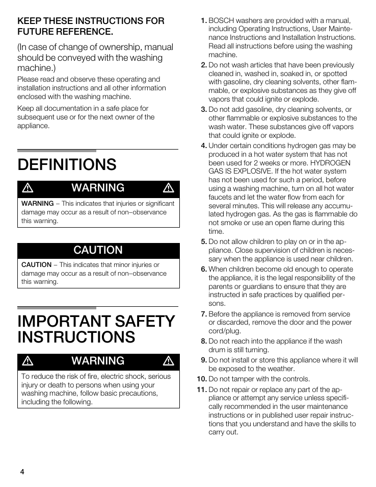 Definitions, Important safety instructions, Warning | Caution | Bosch WFL 2090 User Manual | Page 4 / 36