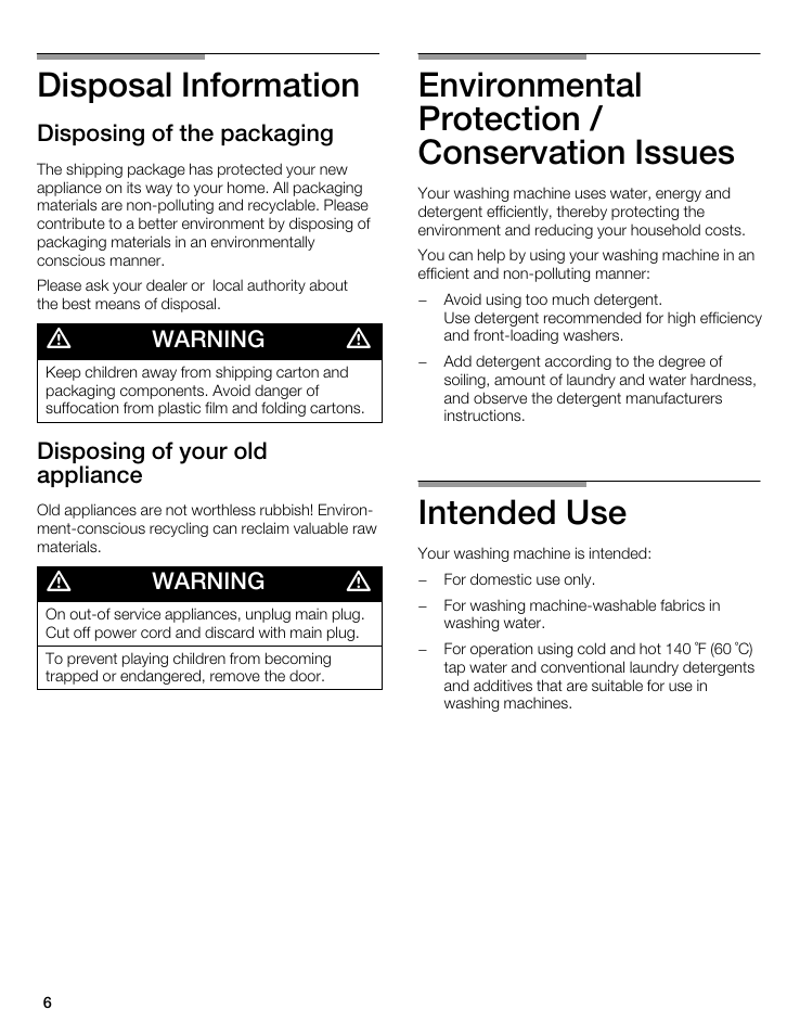 Disposal information, Environmental protection / conservation issues, Intended use | Disposing of the packaging, Warning, Disposing of your old appliance | Bosch WFL 2090 User Manual | Page 6 / 36