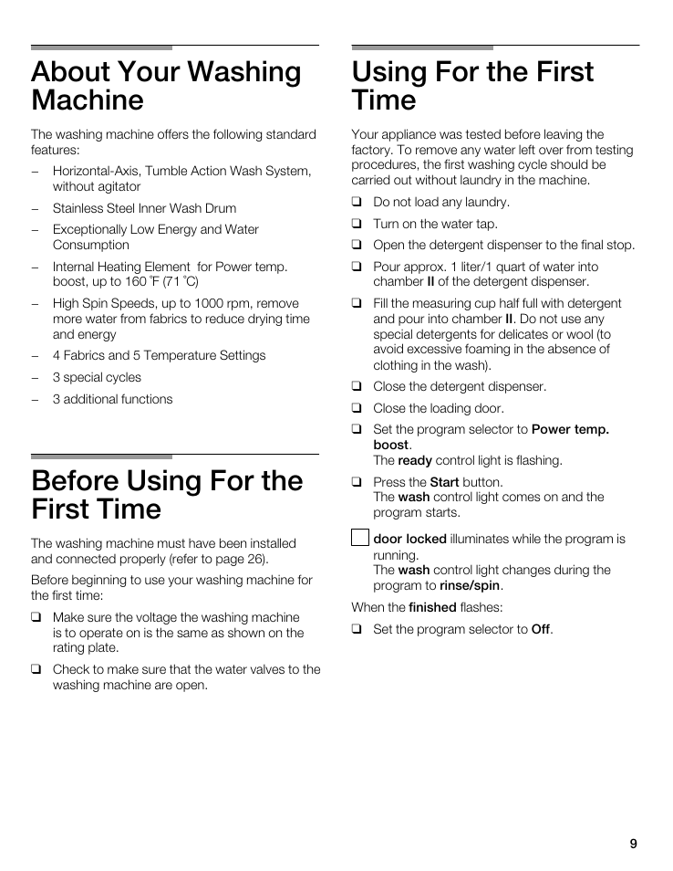 About your washing machine, Before using for the first time, Using for the first time | Bosch WFL 2090 User Manual | Page 9 / 36