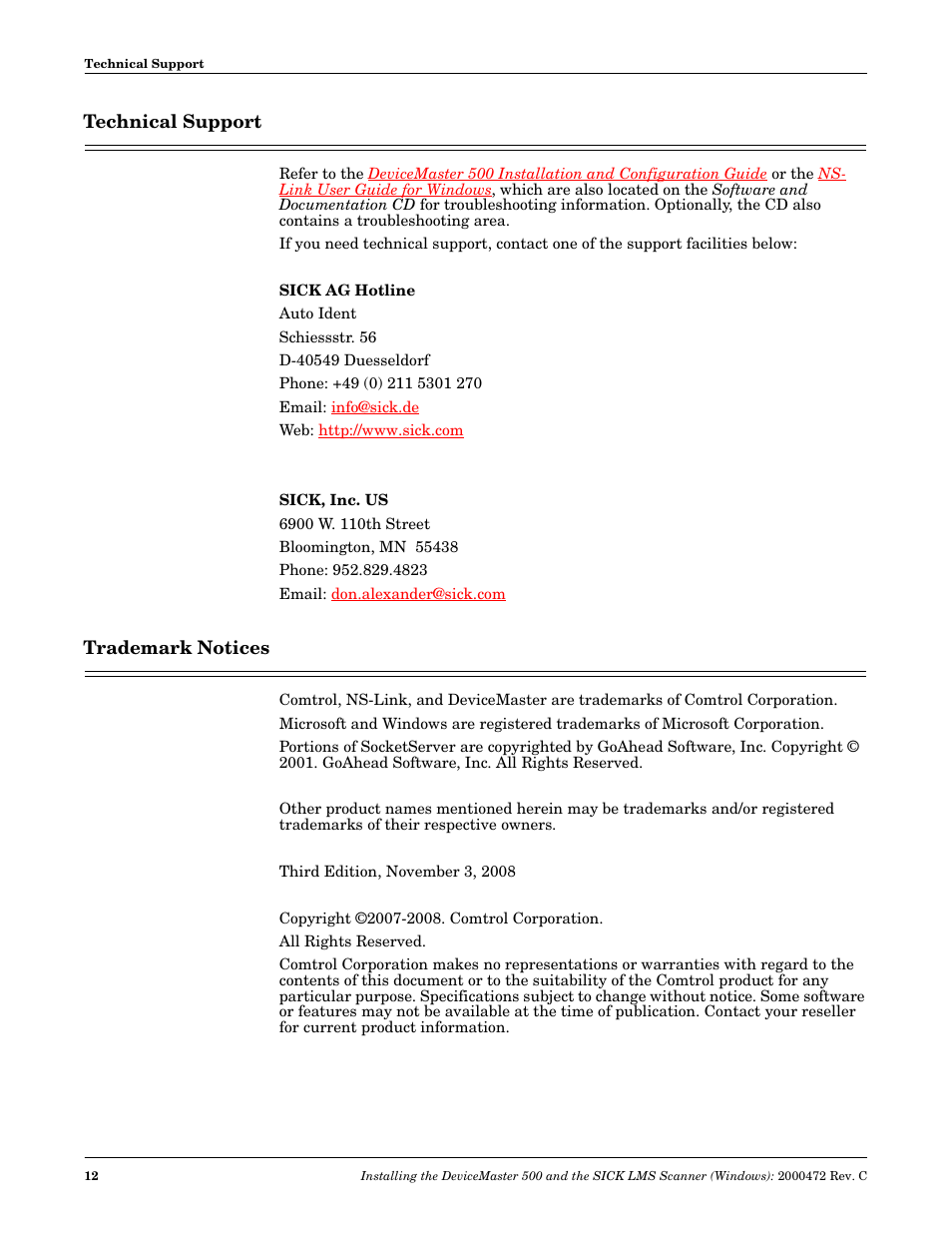 Technical support | Comtrol SICK LMS User Manual | Page 12 / 12