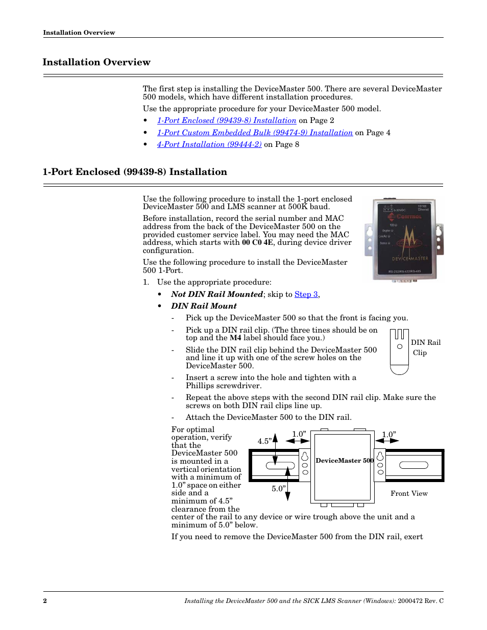 Installation overview, Port enclosed (99439-8) installation | Comtrol SICK LMS User Manual | Page 2 / 12