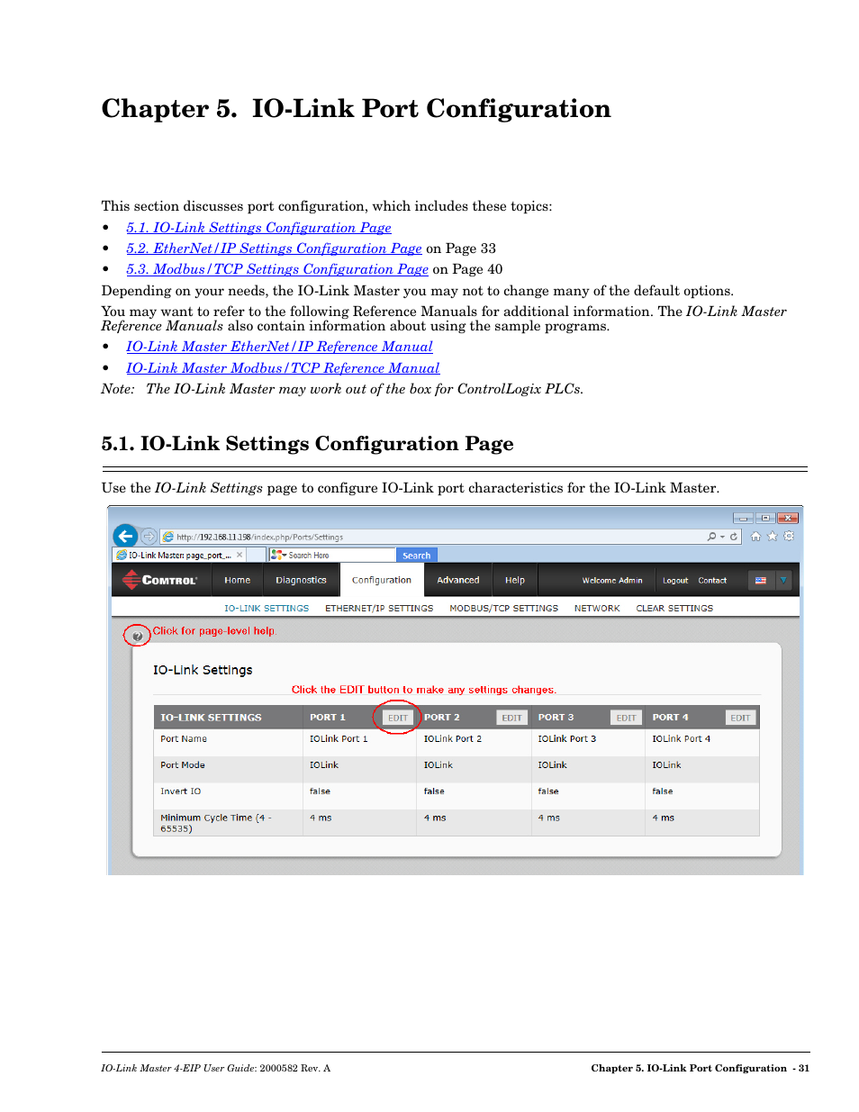 Chapter 5. io-link port configuration, Chapter 5. io, Link port configuration | Io-link settings configuration page | Comtrol IOLM 4-EIP User Manual | Page 31 / 62