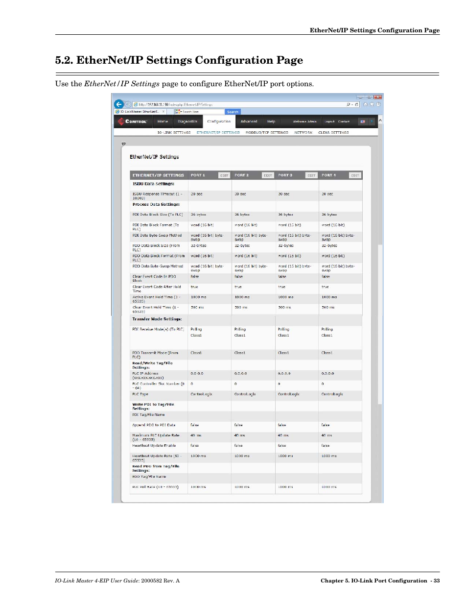 Ethernet/ip settings configuration page | Comtrol IOLM 4-EIP User Manual | Page 33 / 62