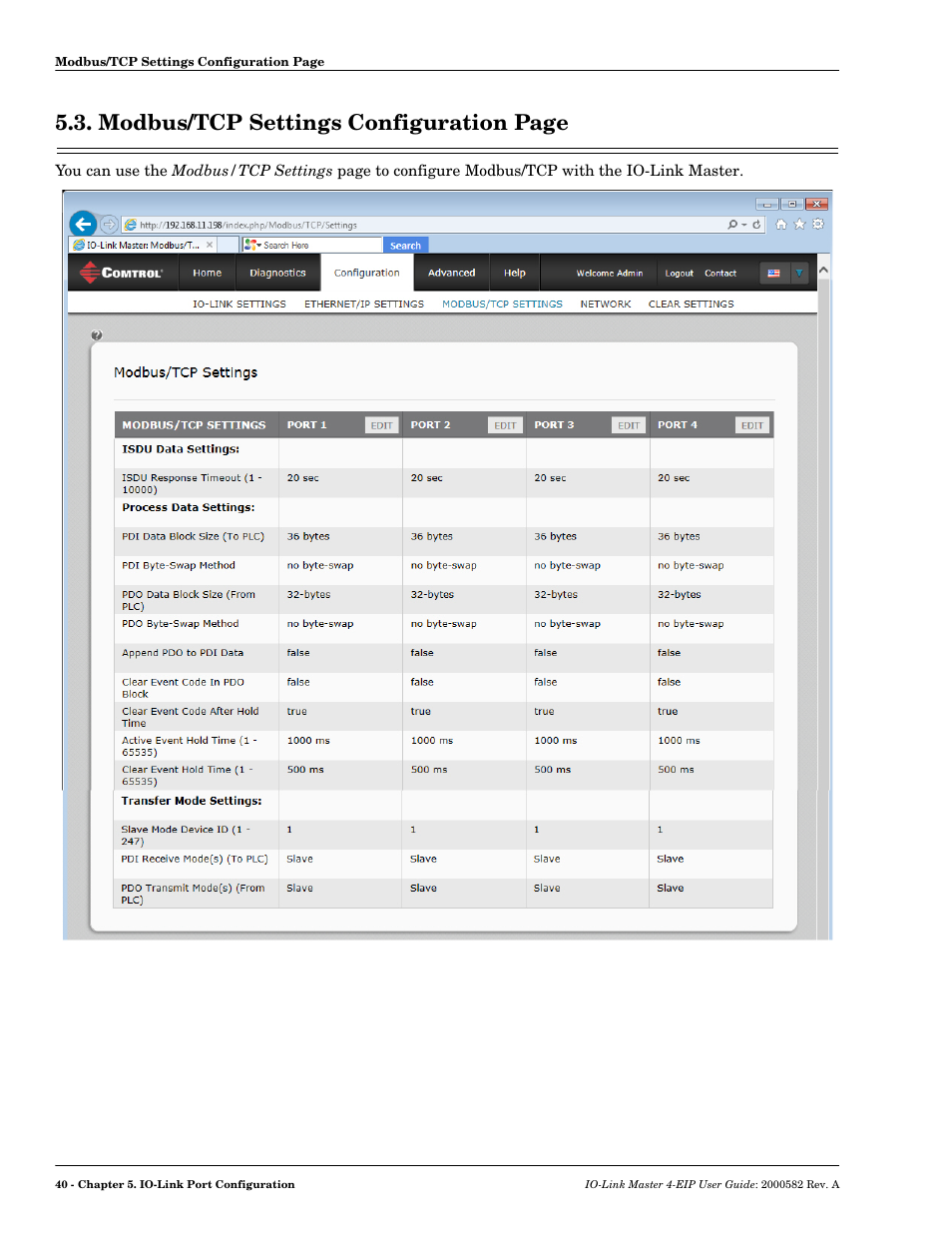 Modbus/tcp settings configuration page | Comtrol IOLM 4-EIP User Manual | Page 40 / 62