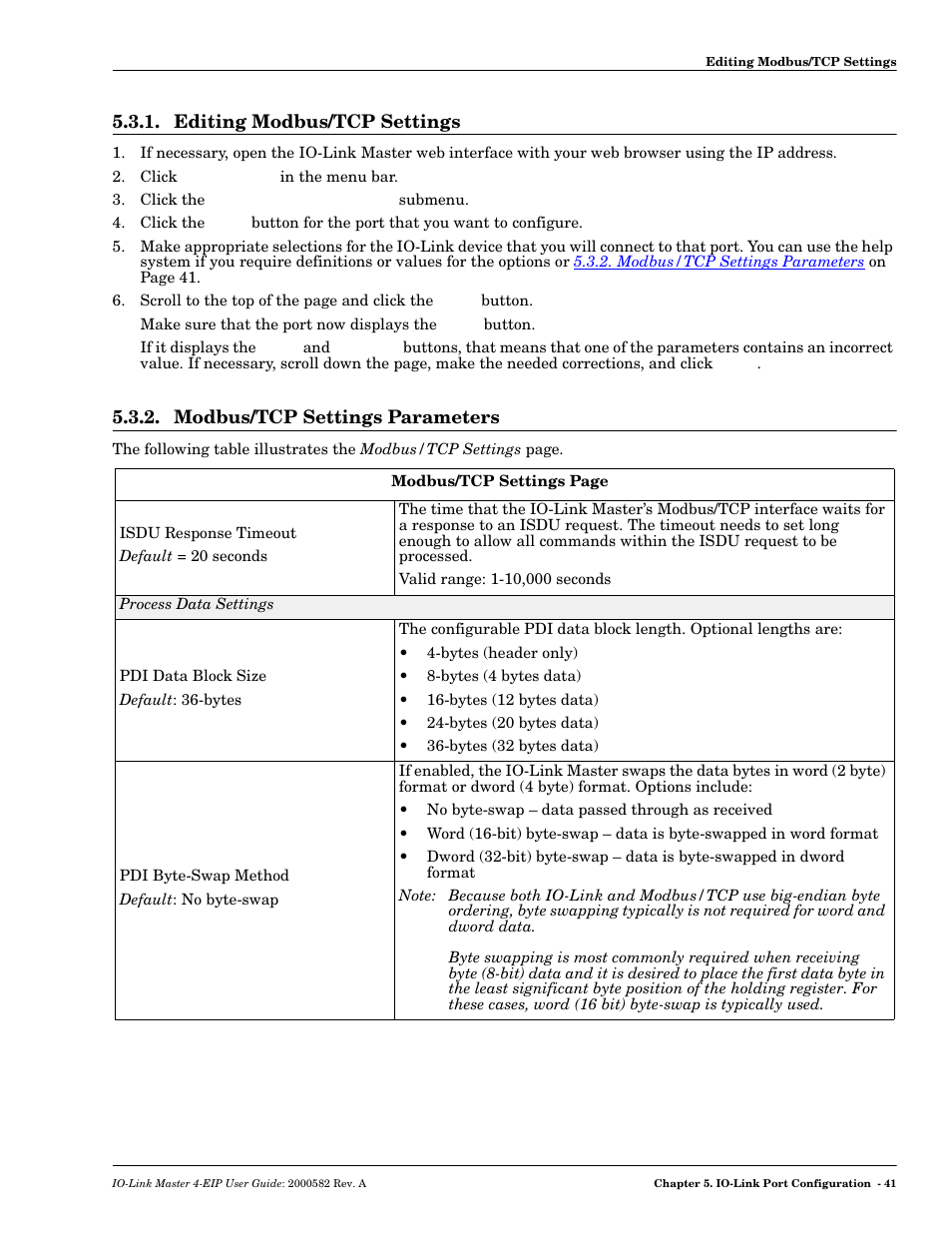 Editing modbus/tcp settings, Modbus/tcp settings parameters | Comtrol IOLM 4-EIP User Manual | Page 41 / 62