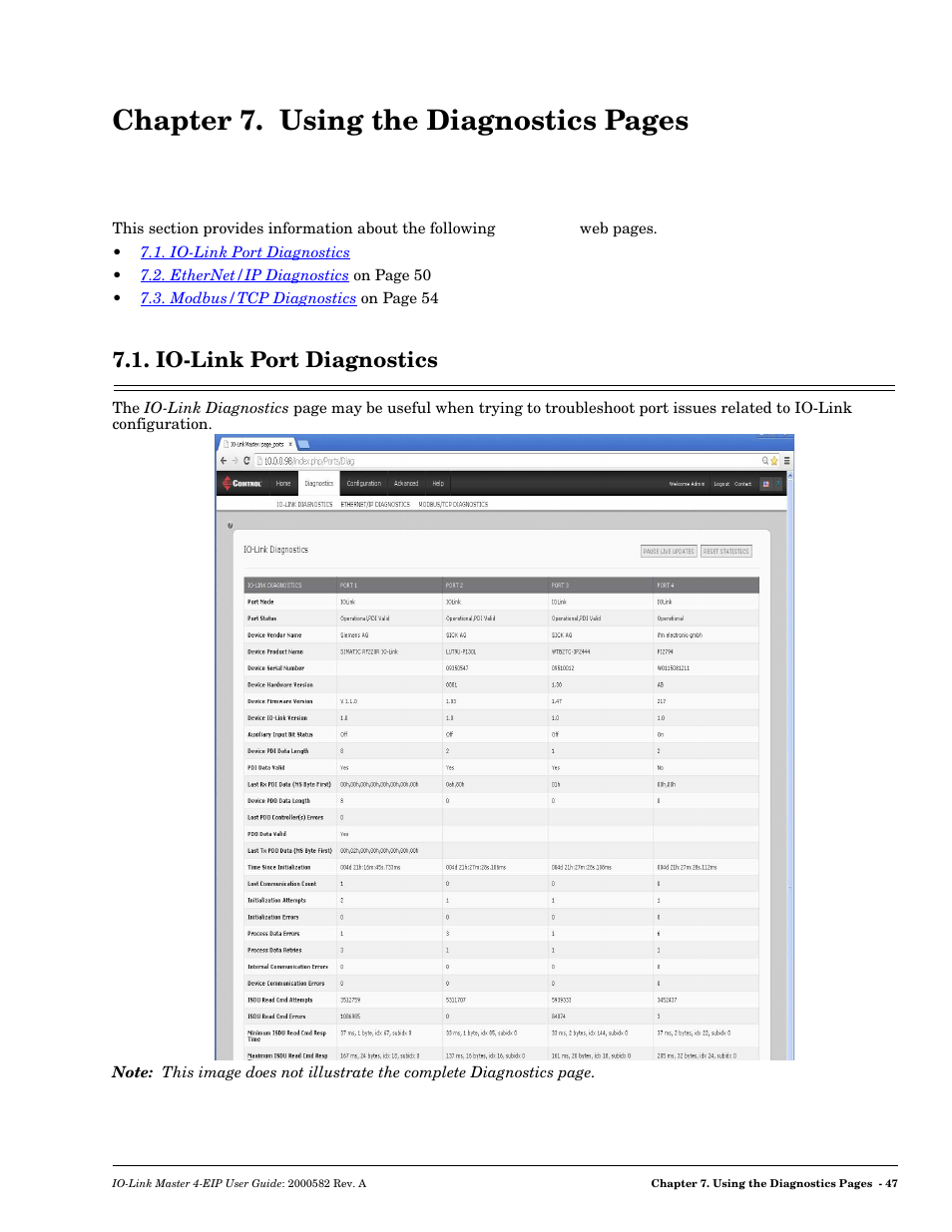 Io-link port diagnostics, Chapter 7. using the diagnostics pages | Comtrol IOLM 4-EIP User Manual | Page 47 / 62