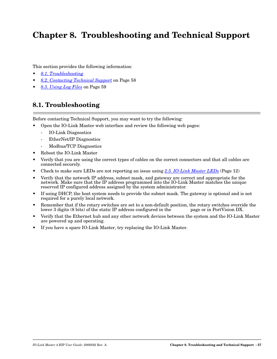 Chapter 8. troubleshooting and technical support, Troubleshooting | Comtrol IOLM 4-EIP User Manual | Page 57 / 62