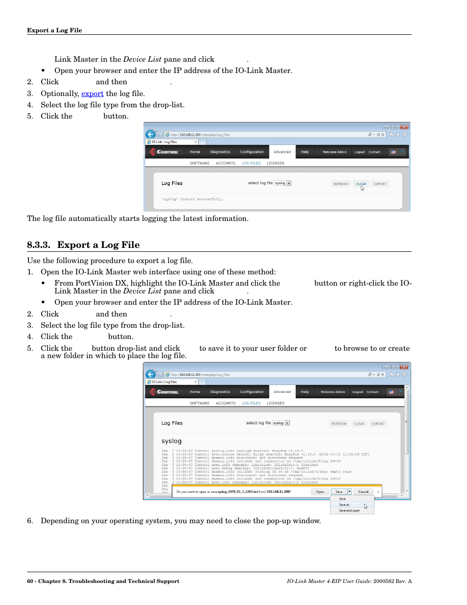 Export a log file, Export | Comtrol IOLM 4-EIP User Manual | Page 60 / 62