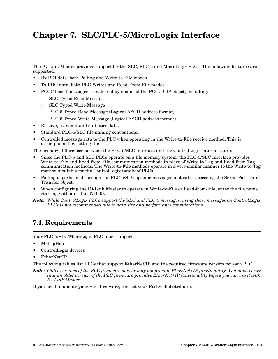 Chapter 7. slc/plc-5/micrologix interface, Requirements | Comtrol IO-Link Master EIP-4 User Manual | Page 103 / 114