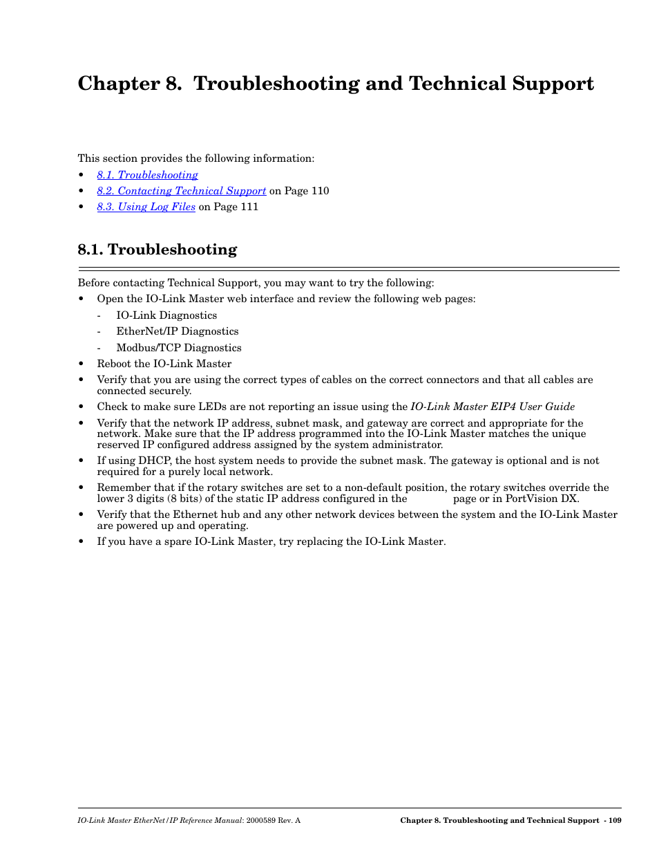 Chapter 8. troubleshooting and technical support, Troubleshooting | Comtrol IO-Link Master EIP-4 User Manual | Page 109 / 114