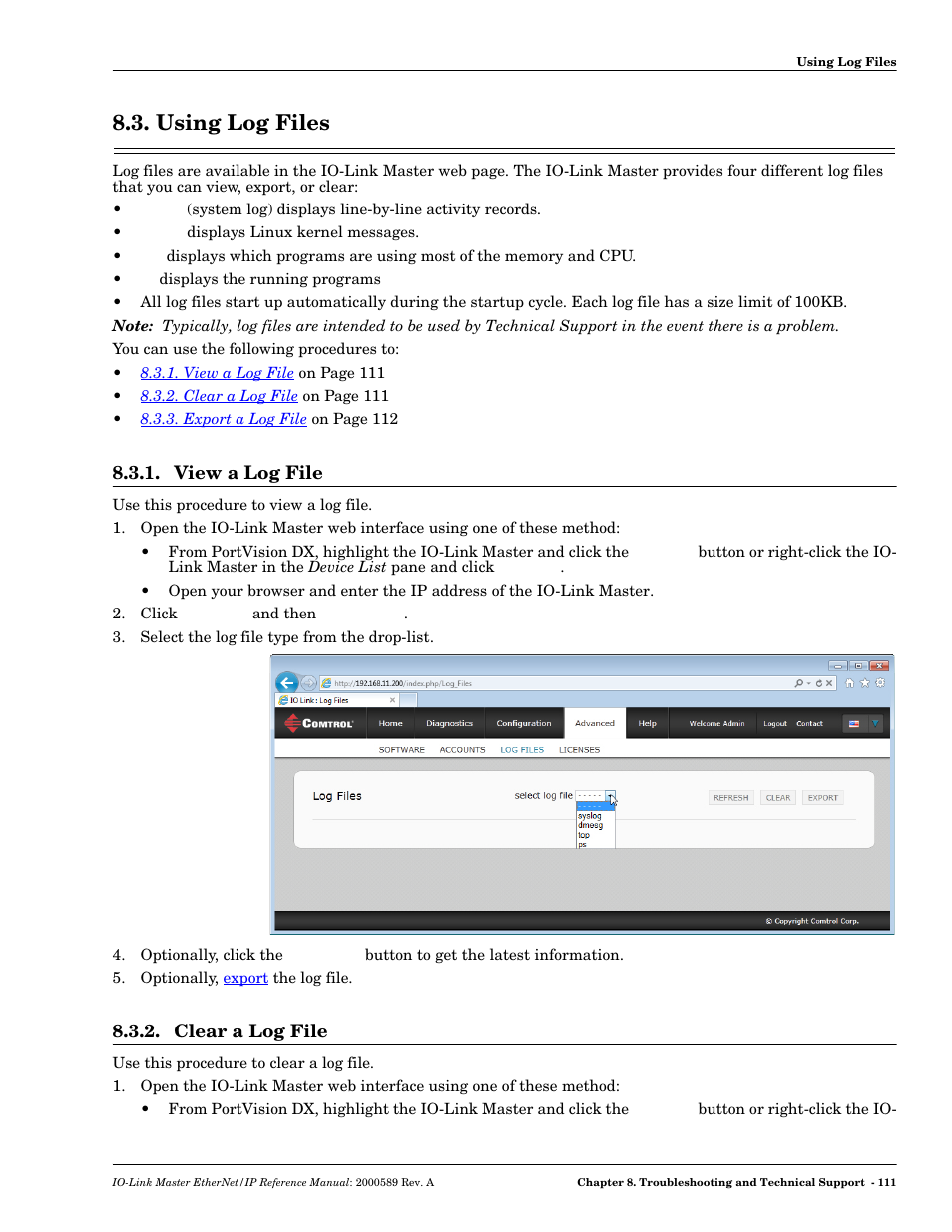 Using log files, View a log file, Clear a log file | View a log file 8.3.2. clear a log file | Comtrol IO-Link Master EIP-4 User Manual | Page 111 / 114