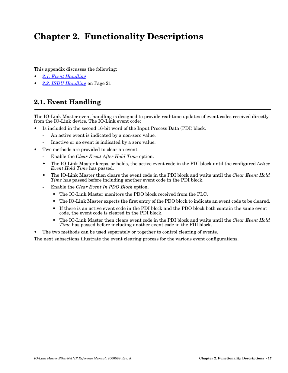 Chapter 2. functionality descriptions, Event handling | Comtrol IO-Link Master EIP-4 User Manual | Page 17 / 114