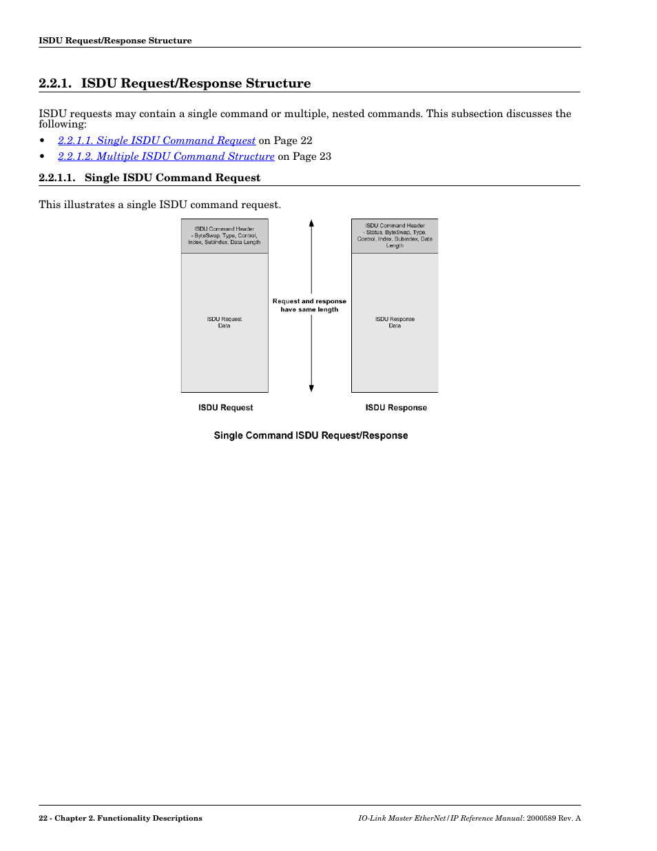 Isdu request/response structure, Single isdu command request | Comtrol IO-Link Master EIP-4 User Manual | Page 22 / 114