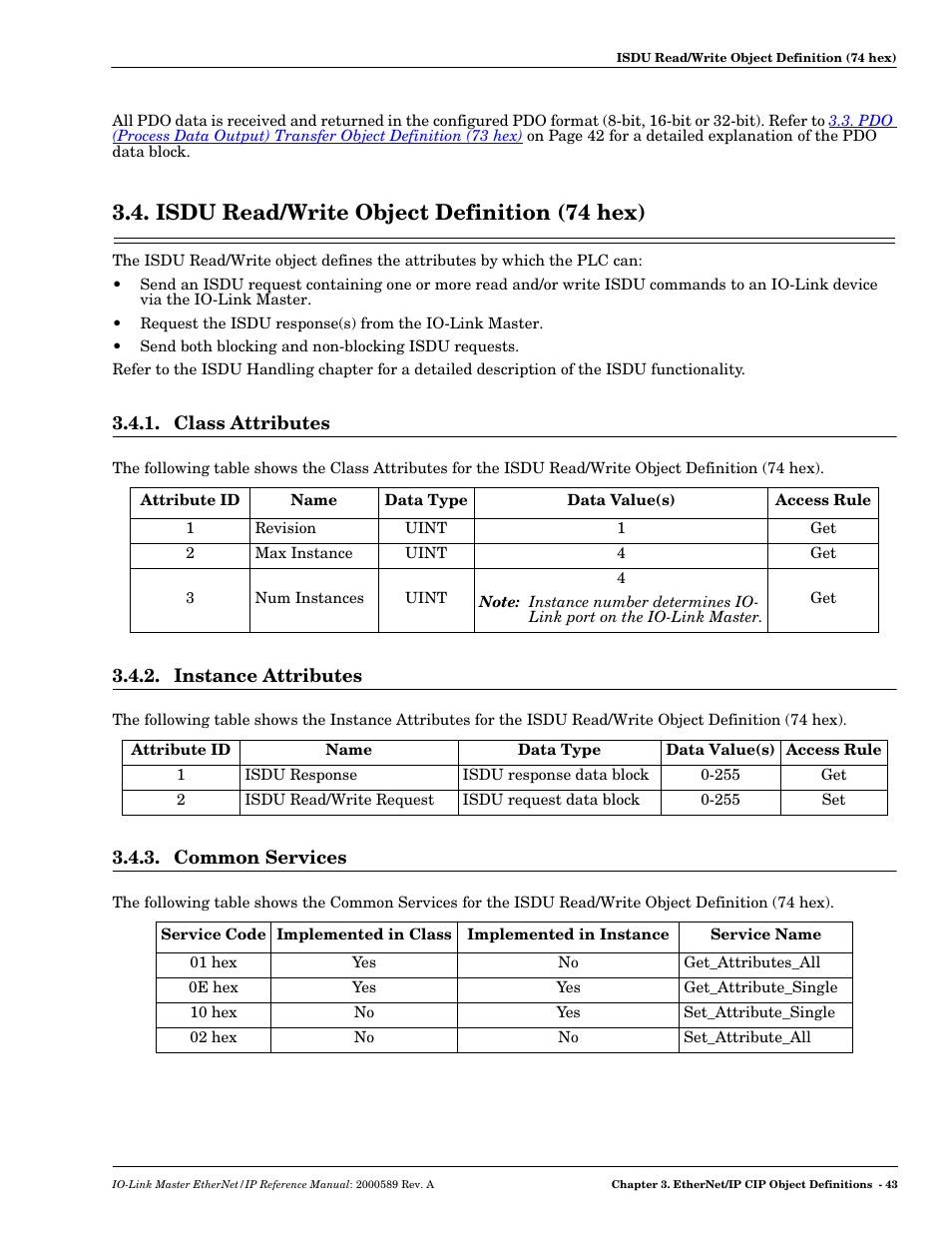 Isdu read/write object definition (74 hex), Class attributes, Instance attributes | Common services | Comtrol IO-Link Master EIP-4 User Manual | Page 43 / 114