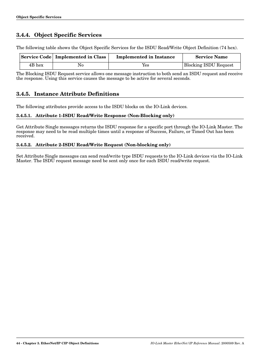 Object specific services, Instance attribute definitions | Comtrol IO-Link Master EIP-4 User Manual | Page 44 / 114