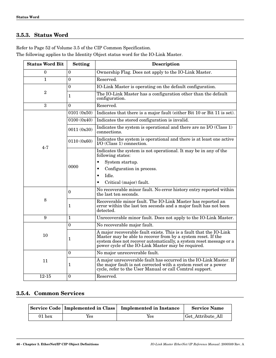 Status word, Common services, Status word 3.5.4. common services | Comtrol IO-Link Master EIP-4 User Manual | Page 46 / 114