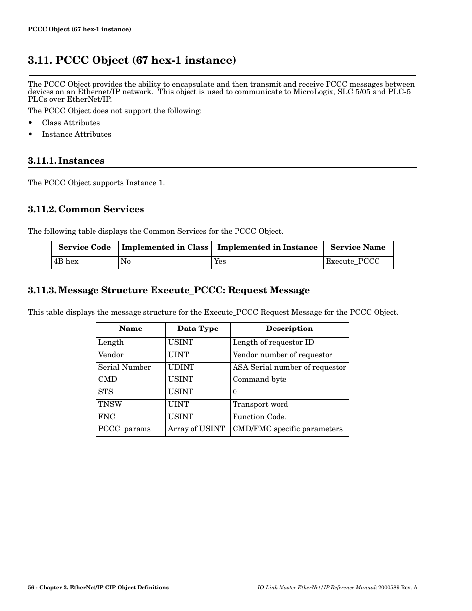 Pccc object (67 hex-1 instance), Instances, Common services | Message structure execute_pccc: request message | Comtrol IO-Link Master EIP-4 User Manual | Page 56 / 114