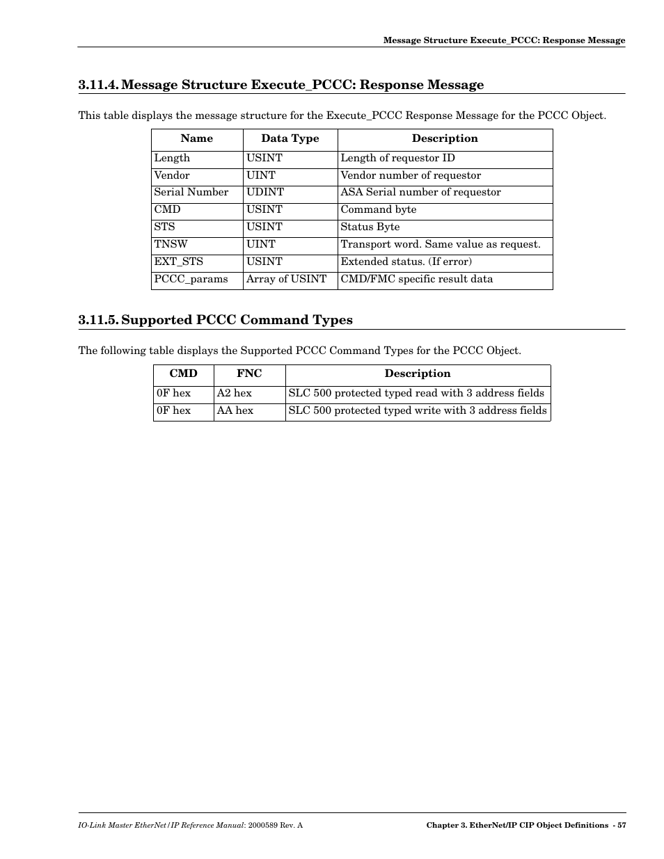 Message structure execute_pccc: response message, Supported pccc command types | Comtrol IO-Link Master EIP-4 User Manual | Page 57 / 114