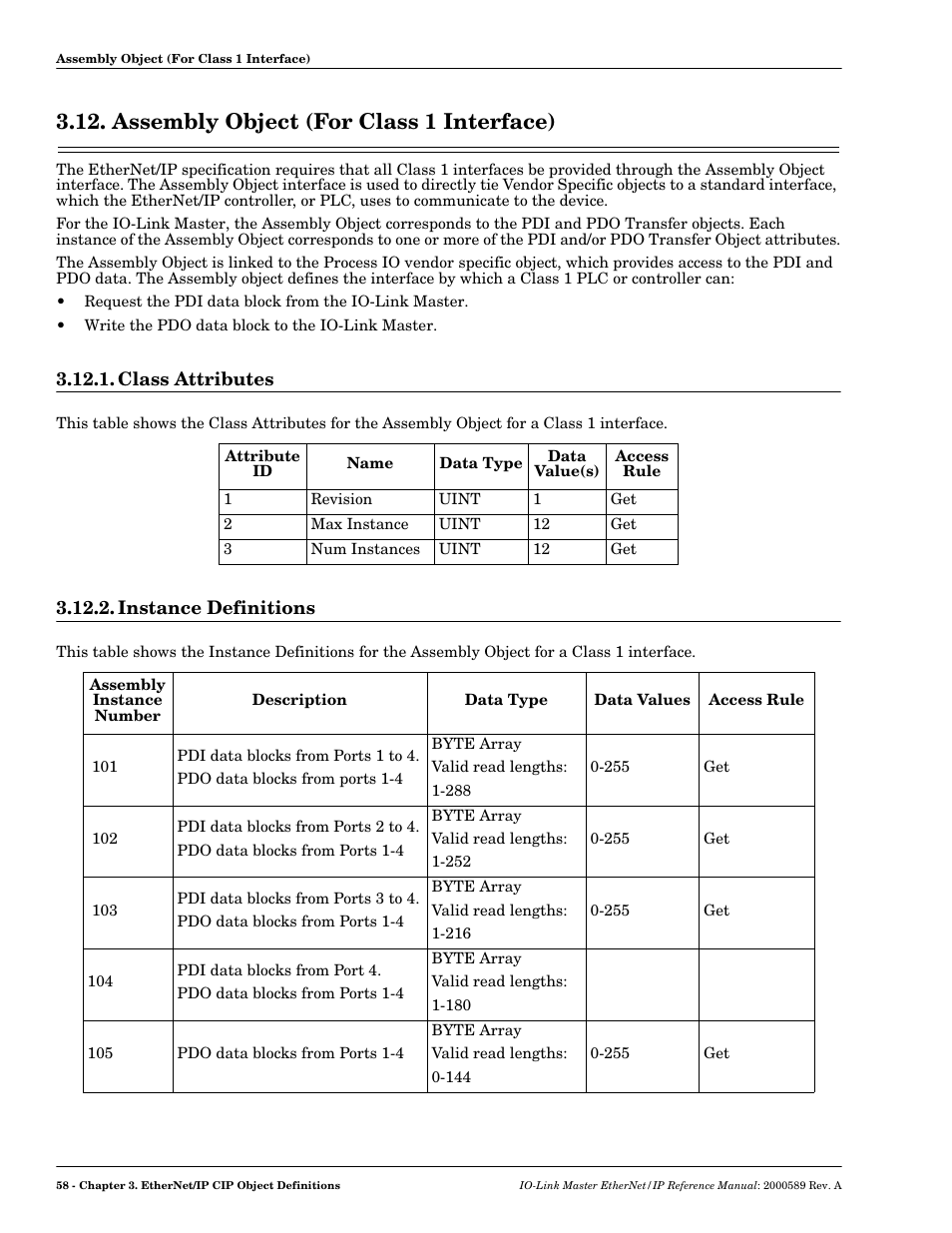 Assembly object (for class 1 interface), Class attributes, Instance definitions | Class attributes 3.12.2. instance definitions | Comtrol IO-Link Master EIP-4 User Manual | Page 58 / 114