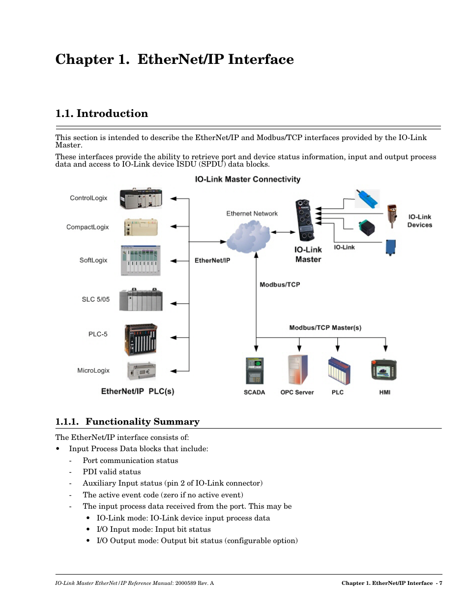 Chapter 1. ethernet/ip interface, Introduction, Functionality summary | Erface | Comtrol IO-Link Master EIP-4 User Manual | Page 7 / 114