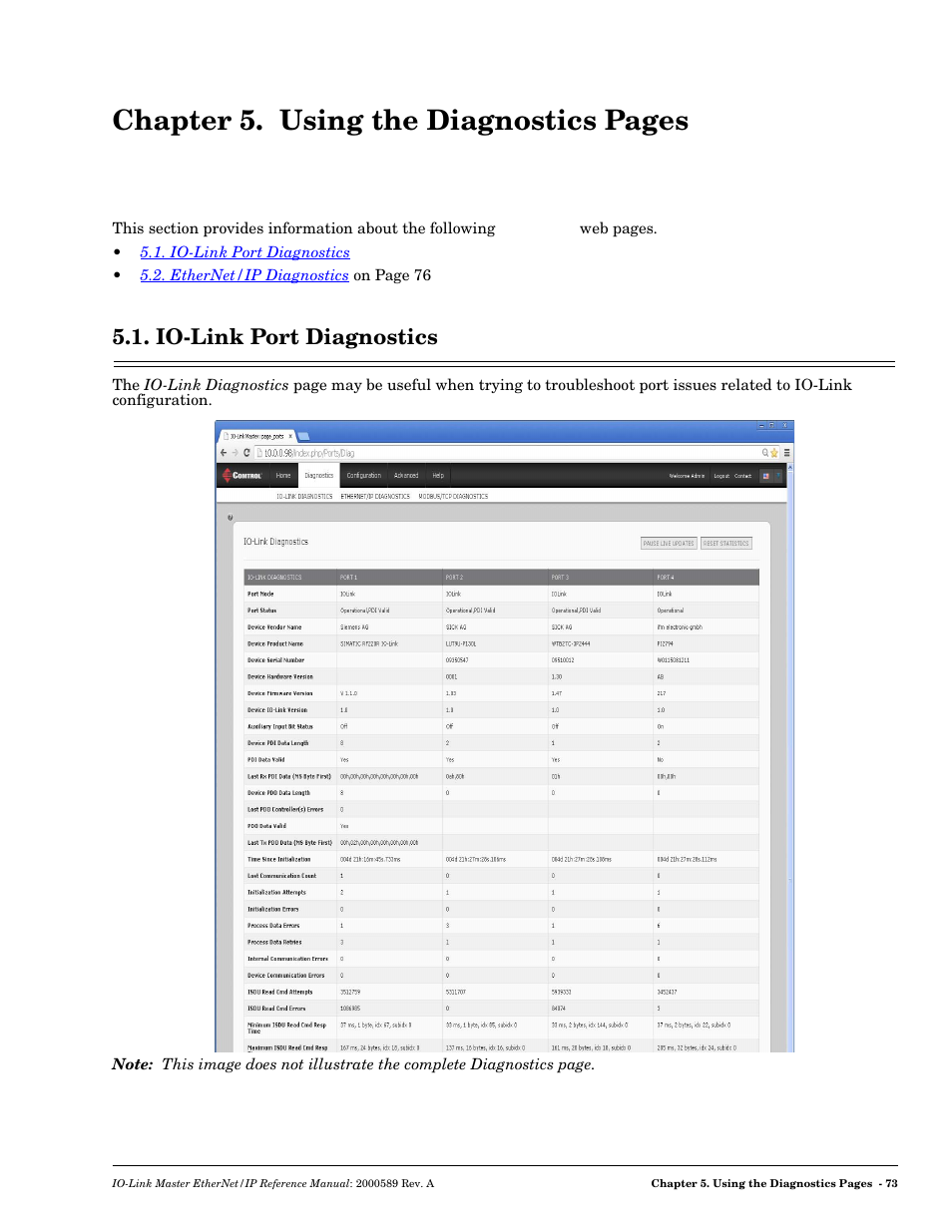 Io-link port diagnostics, Chapter 5. using the diagnostics pages | Comtrol IO-Link Master EIP-4 User Manual | Page 73 / 114
