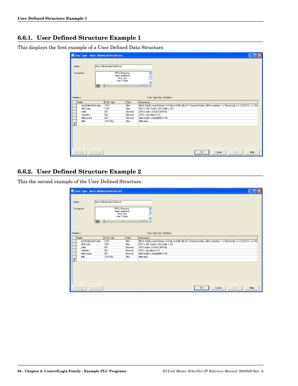 User defined structure example 1, User defined structure example 2 | Comtrol IO-Link Master EIP-4 User Manual | Page 94 / 114