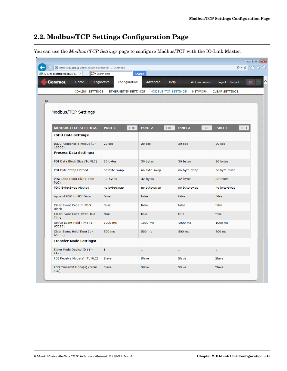 Modbus/tcp settings configuration page | Comtrol IOLM Modbus TCP User Manual | Page 13 / 28