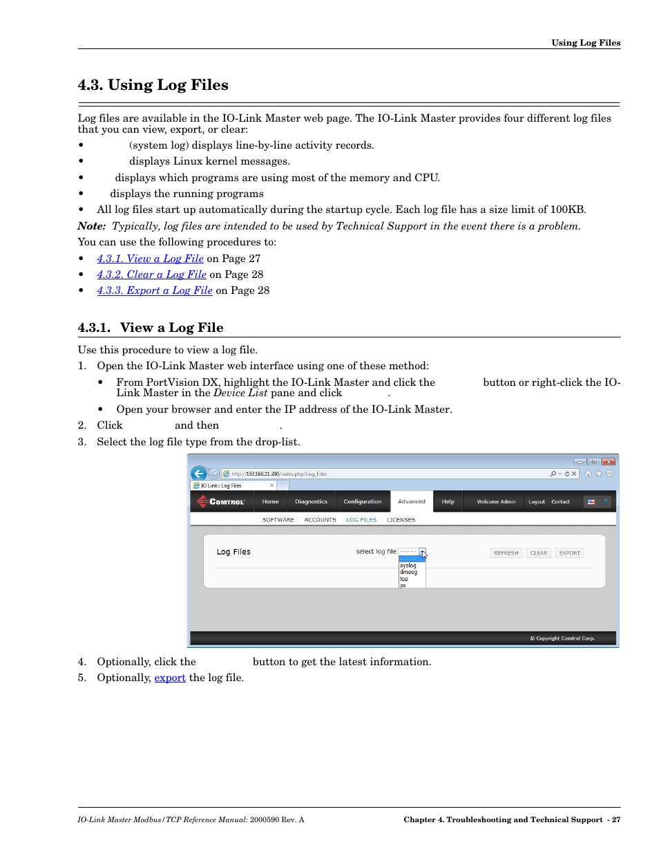 Using log files, View a log file | Comtrol IOLM Modbus TCP User Manual | Page 25 / 28