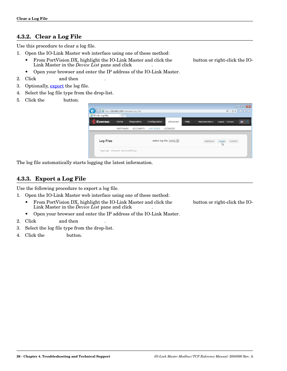 Clear a log file, Export a log file, Clear a log file 4.3.3. export a log file | Export | Comtrol IOLM Modbus TCP User Manual | Page 26 / 28