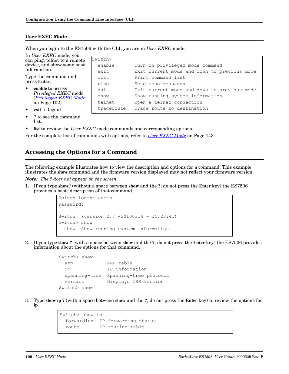 User exec mode, Accessing the options for a command | Comtrol ES7506 User Manual | Page 100 / 158