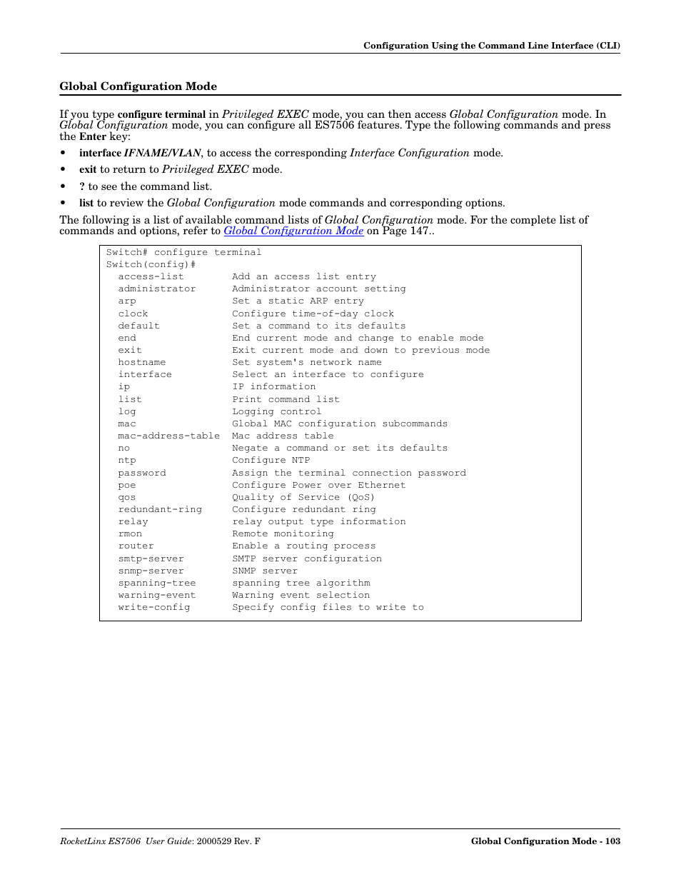 Global configuration mode, Terface | Comtrol ES7506 User Manual | Page 103 / 158