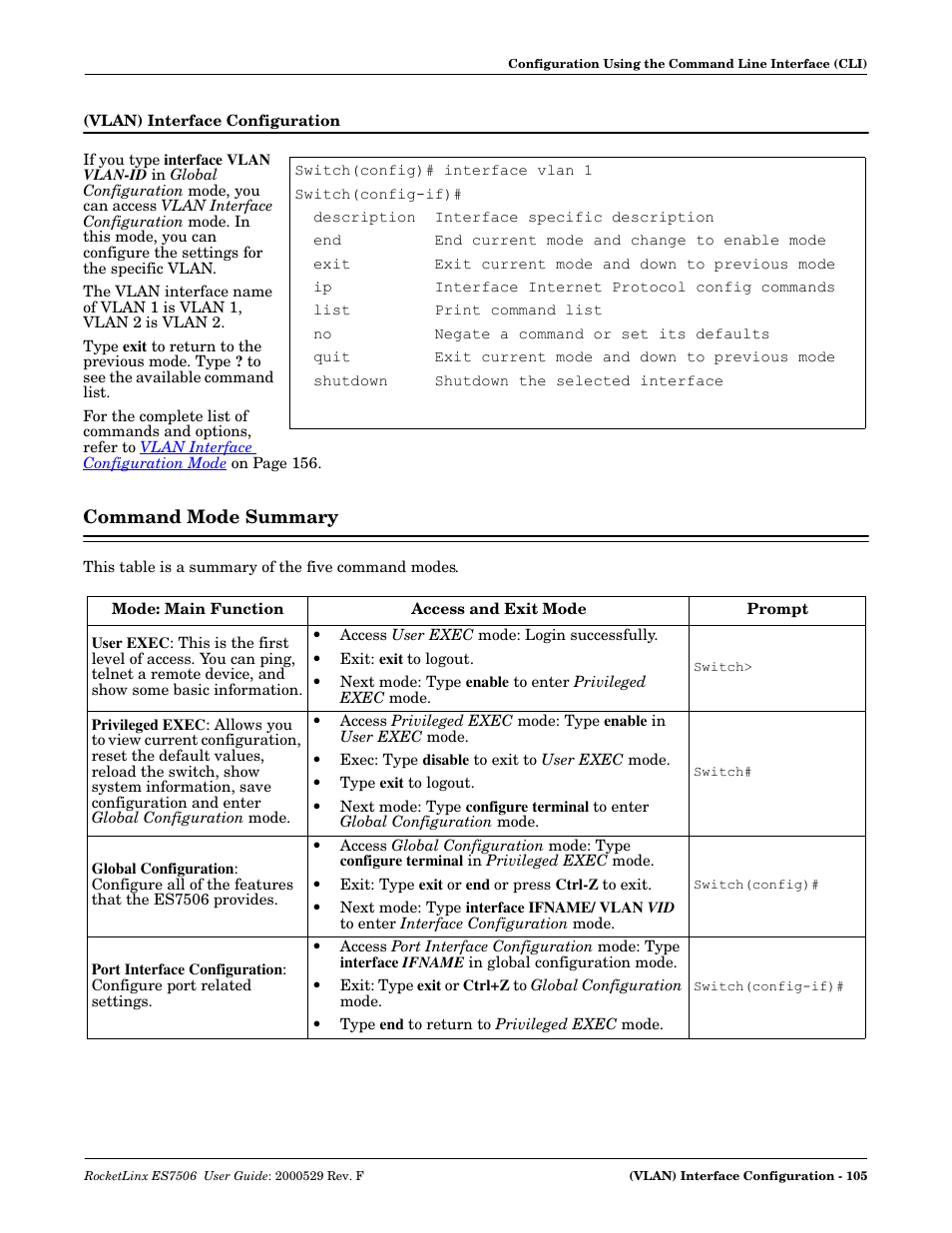 Vlan) interface configuration, Command mode summary | Comtrol ES7506 User Manual | Page 105 / 158